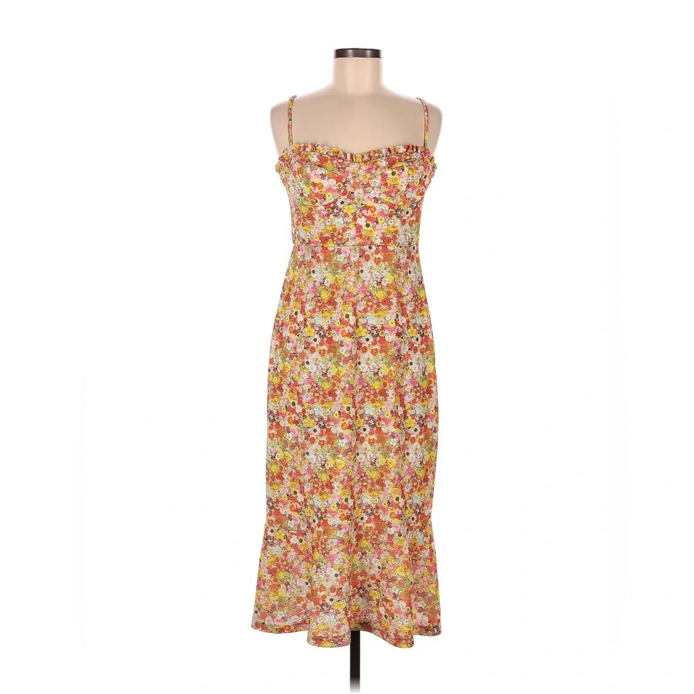 AQUA Ditsy Floral Print Lace Trumpet Midi Dress